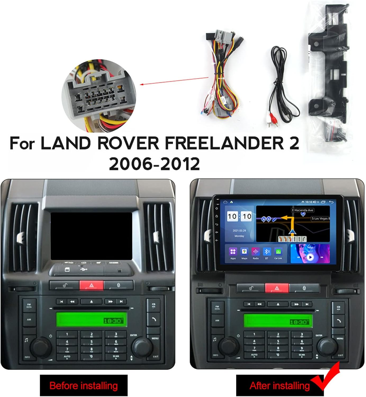 Cruscotto Land Rover Freelander 2 prima e dopo l'installazione di uno schermo multimediale e cavi.