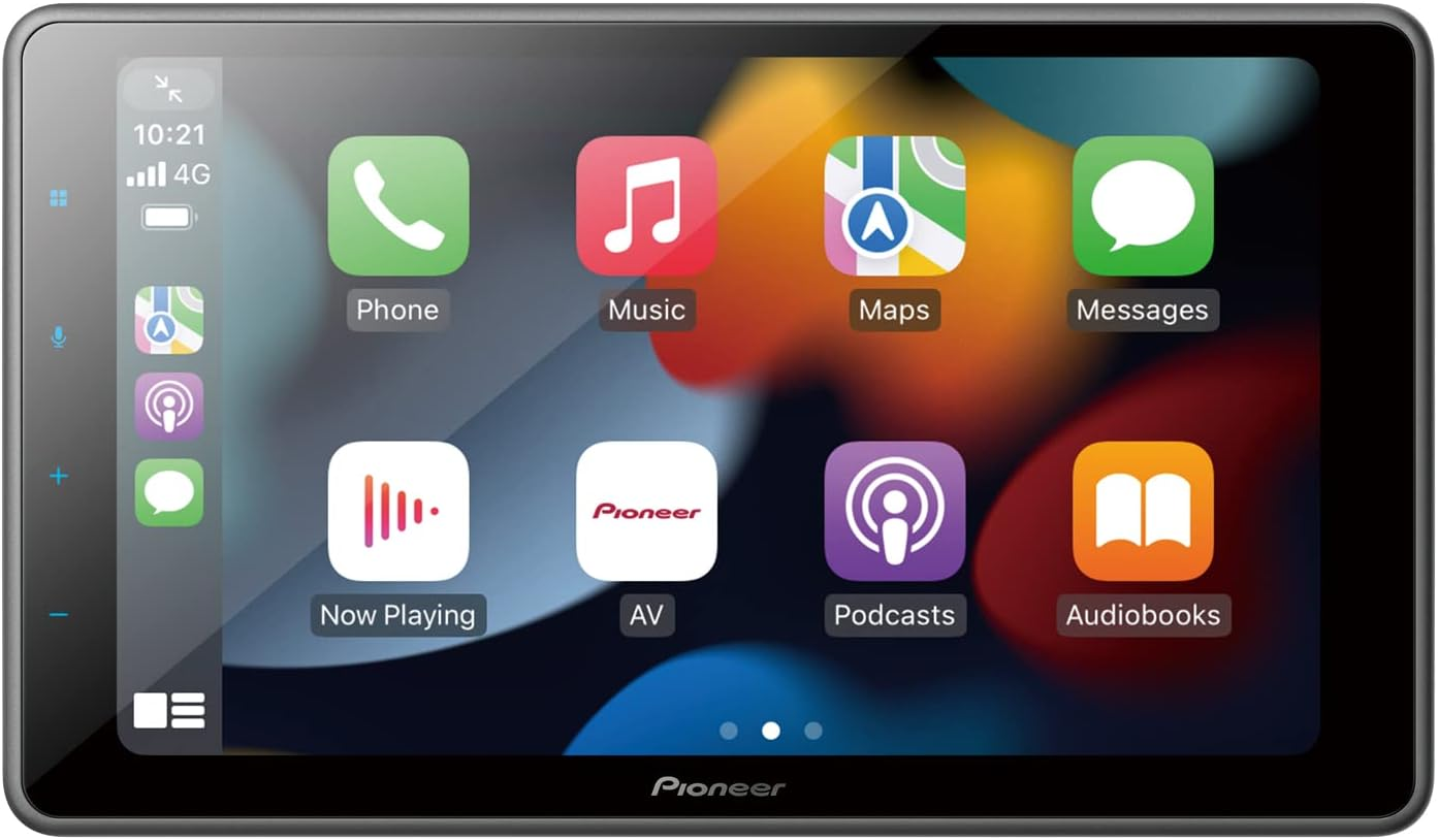 Display per auto Pioneer con interfaccia Apple CarPlay, icone app colorate e sfondo vivace.