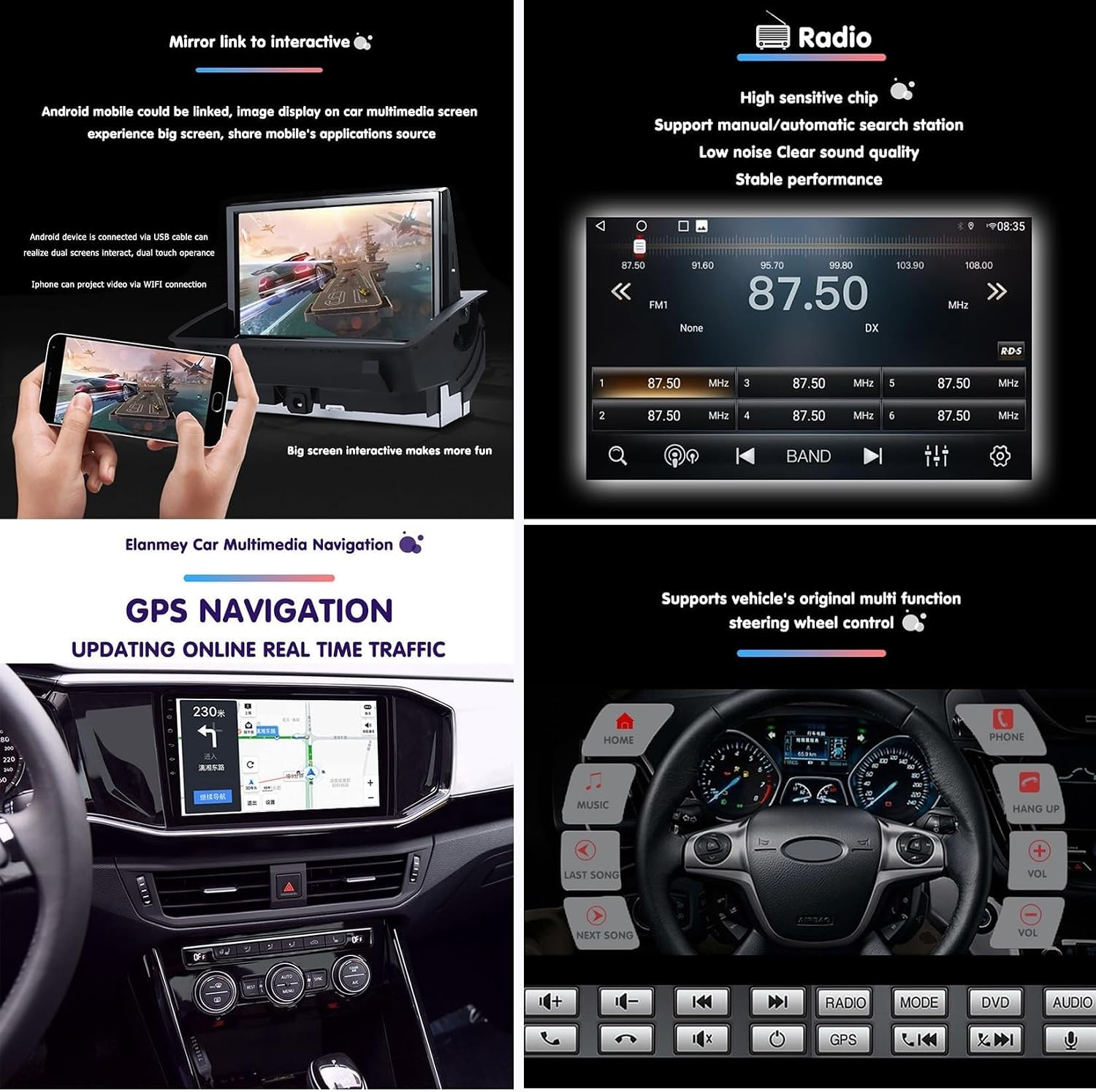 Quattro immagini mostrano le funzioni dell'autoradio: mirror link, radio, navigazione GPS e comandi al volante.