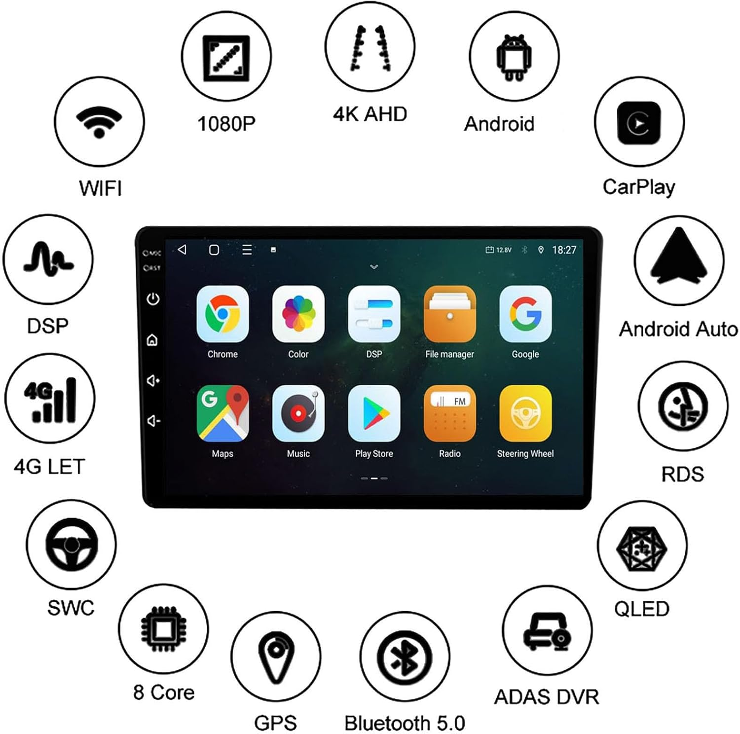Schermo di navigazione per auto con app, circondato da icone circolari per WiFi, GPS, CarPlay e DSP.