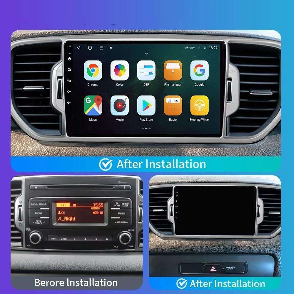 Confronto di un'autoradio prima e dopo l'installazione di un moderno display touchscreen.