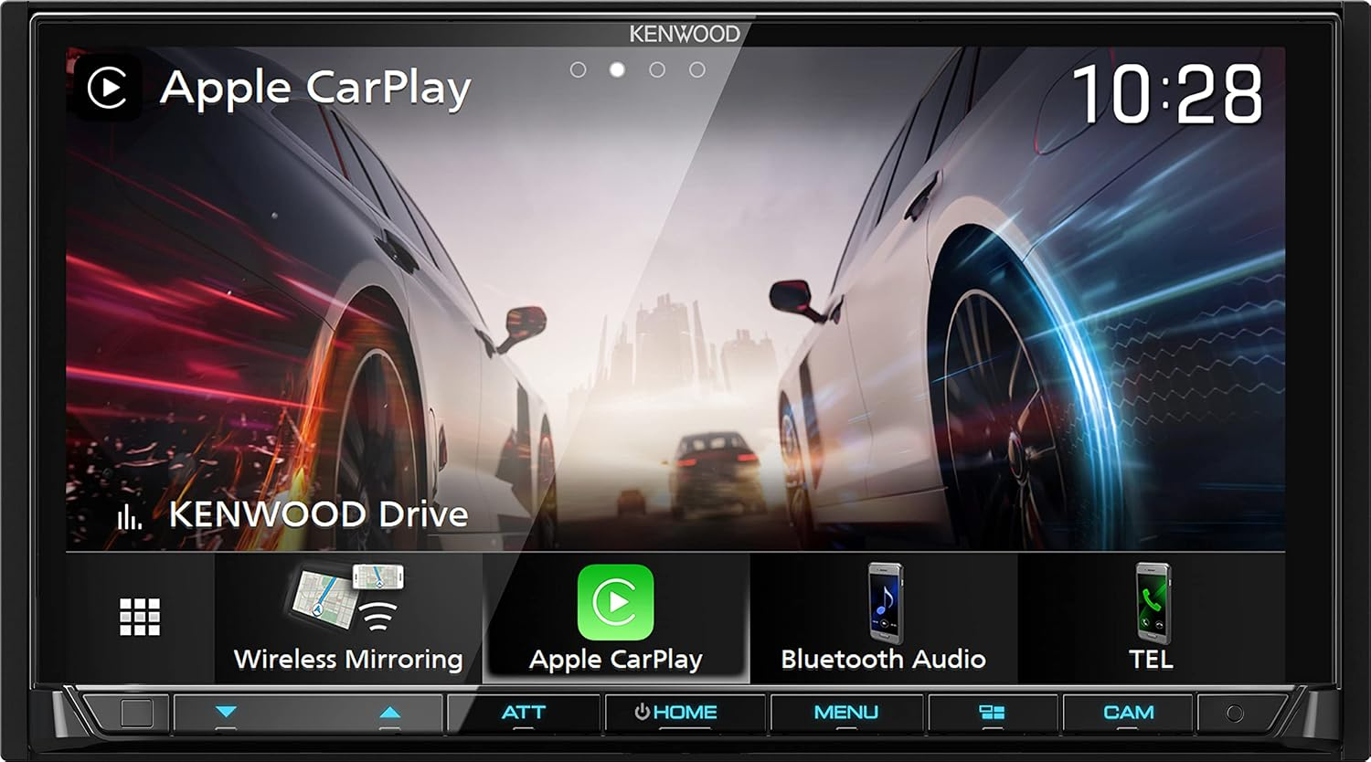 Display per auto Kenwood che mostra Apple CarPlay, Wireless Mirroring, audio Bluetooth e pulsanti.