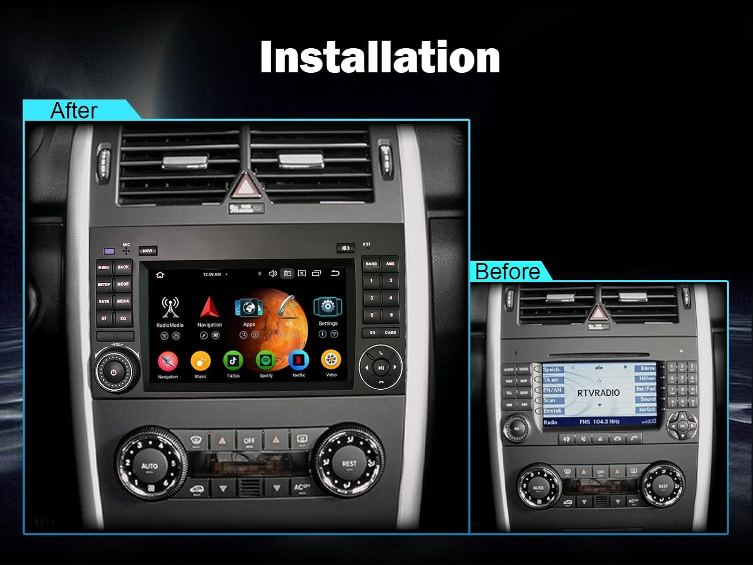 Confronto del cruscotto di un'auto prima e dopo l'installazione di un nuovo sistema multimediale touch screen.