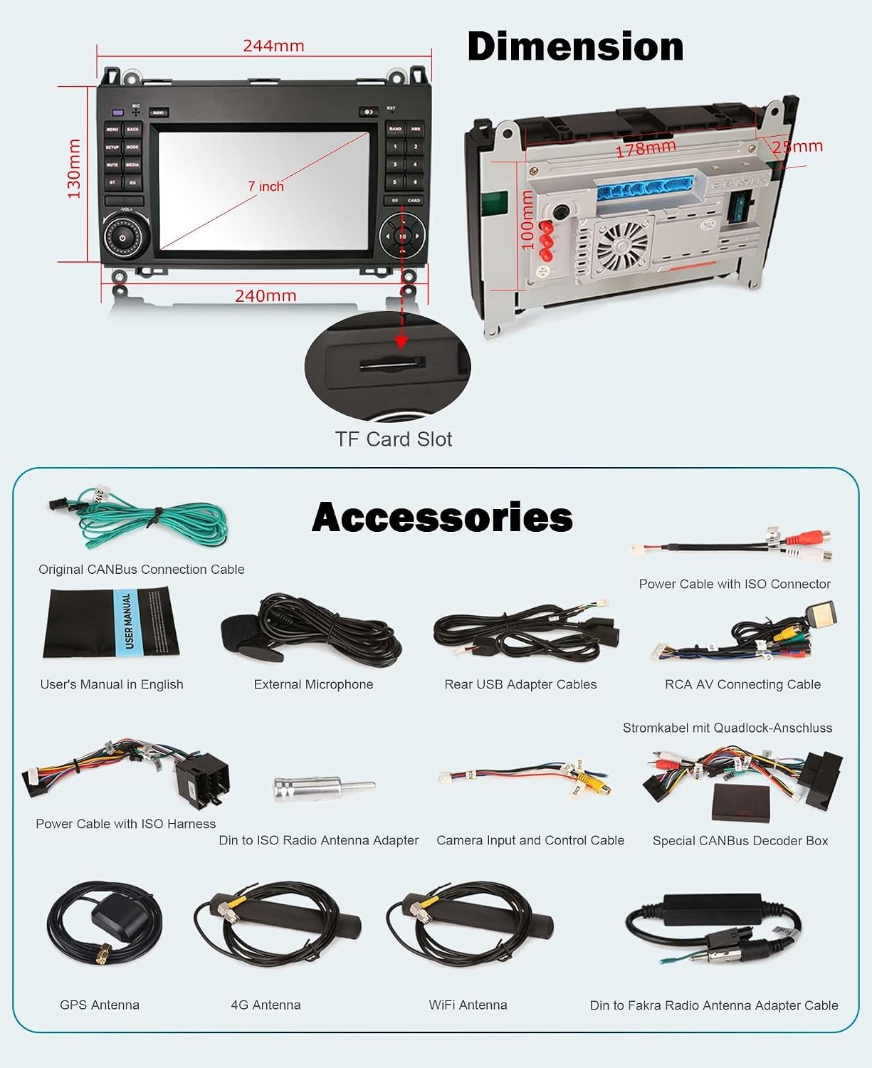 Il diagramma mostra le dimensioni di un autoradio con schermo e accessori.