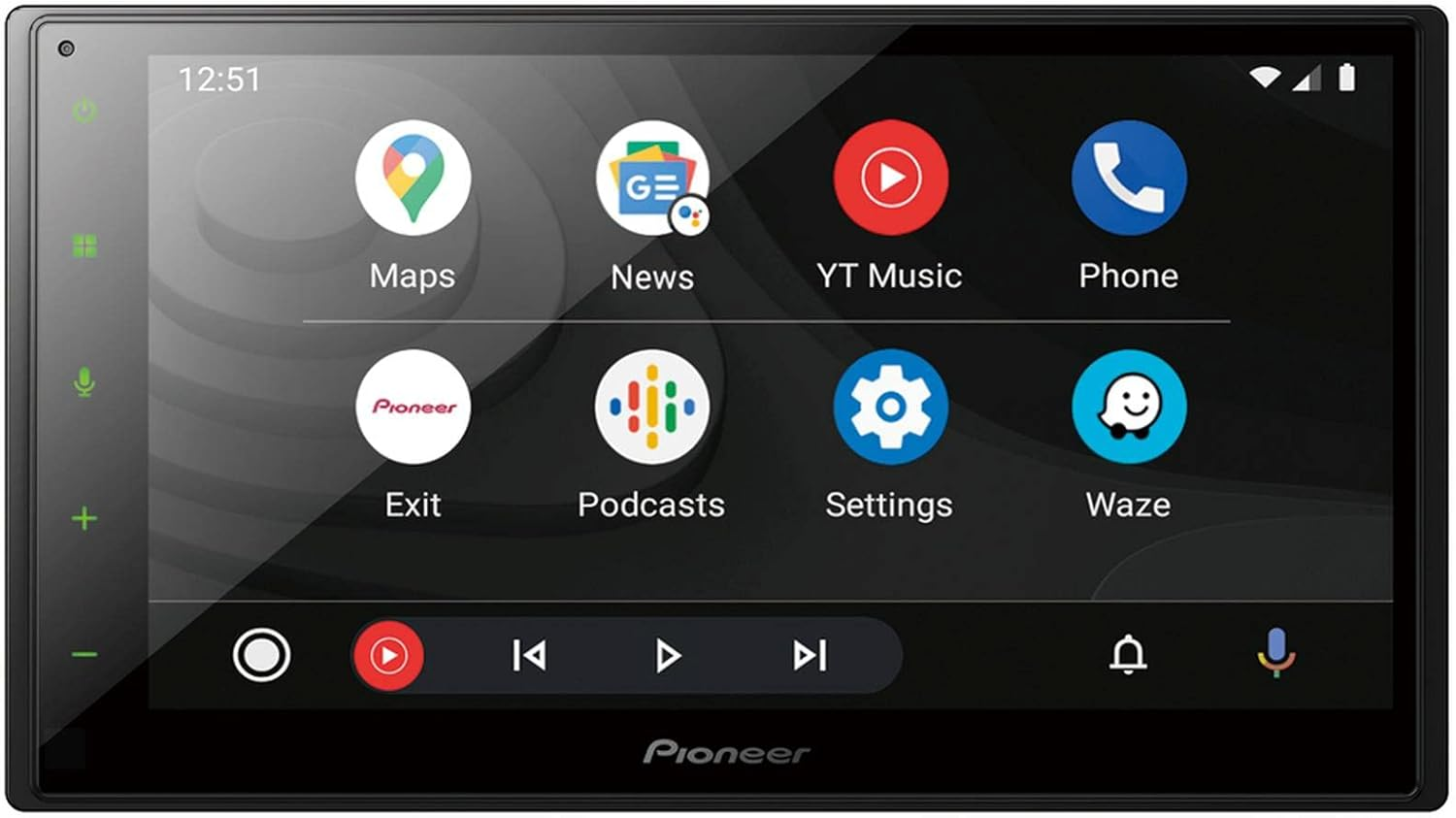 Display autoradio Pioneer con icone di app come Maps, YouTube Music e navigazione.