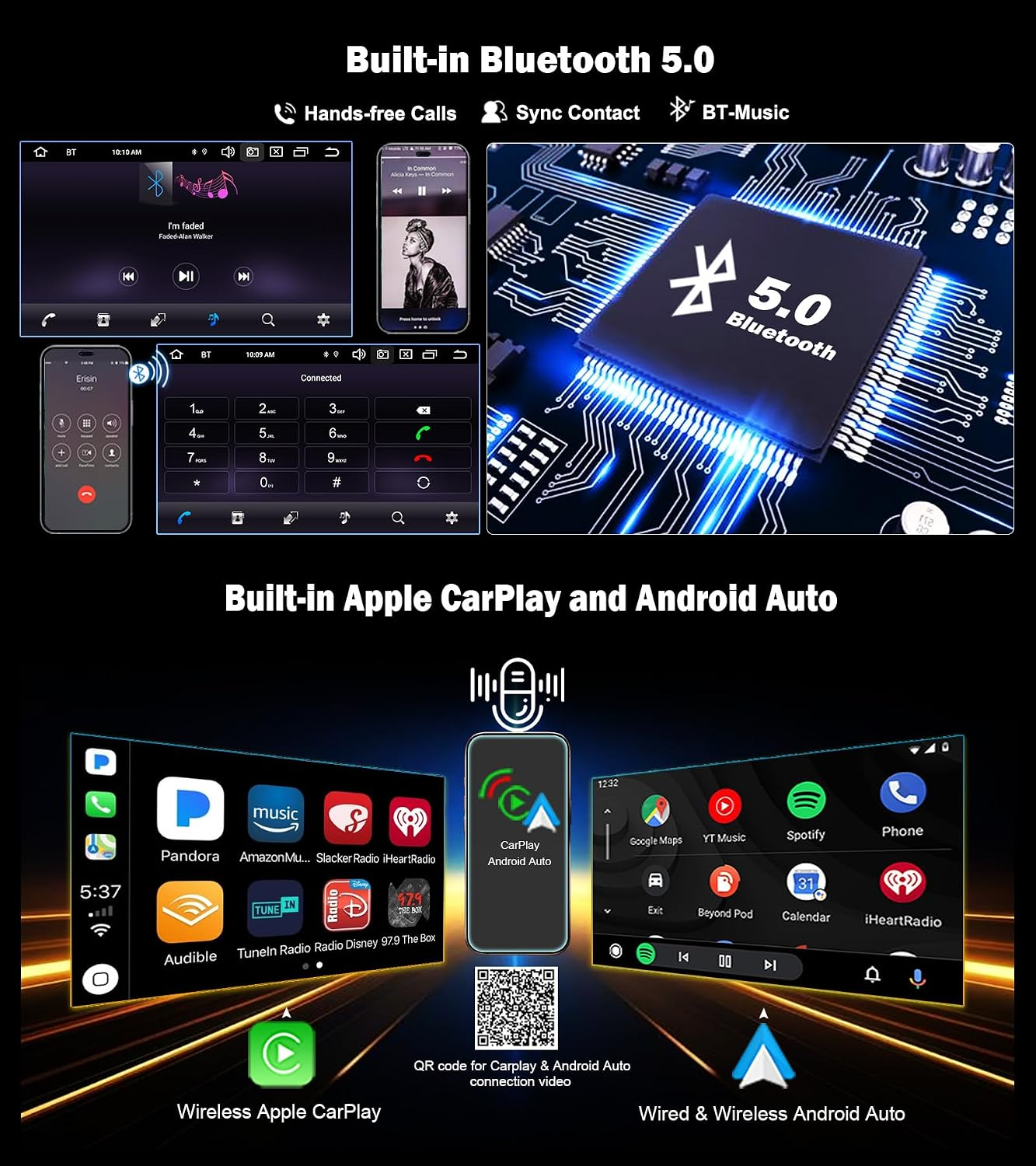 Banner tecnologico che mostra Bluetooth 5.0, Apple CarPlay e Android Auto.