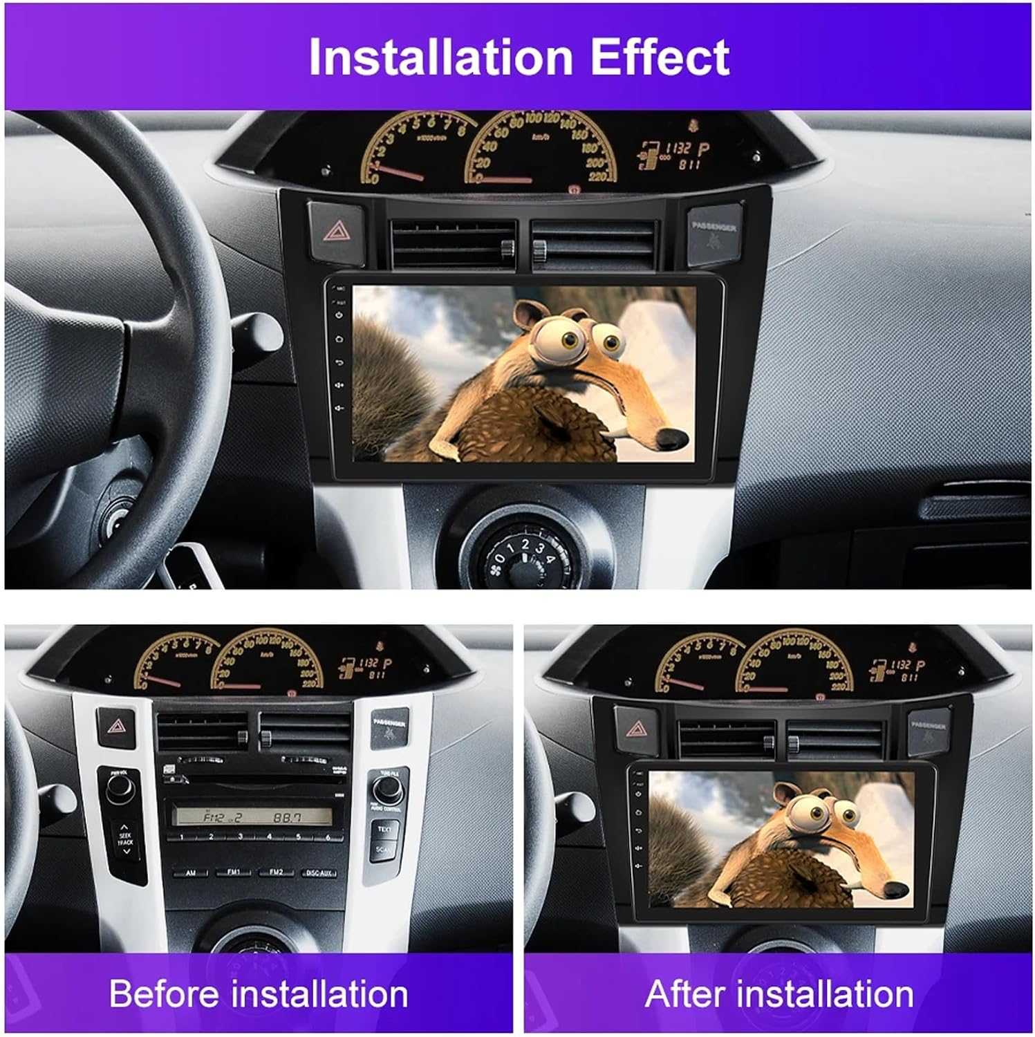 Immagini di confronto prima e dopo l'installazione di uno schermo per auto con un personaggio.