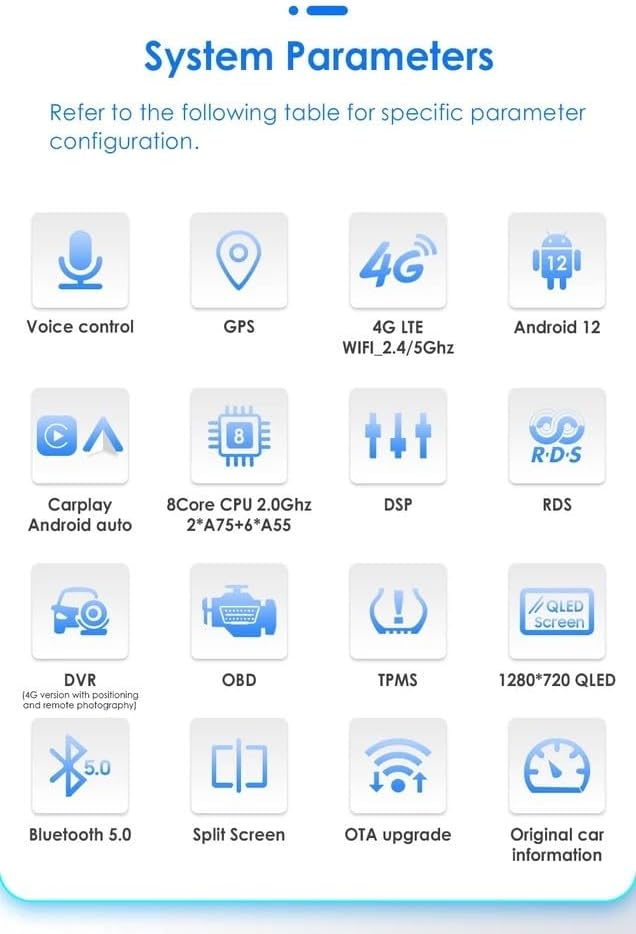 Parametri di sistema con icone per controllo vocale, GPS, Android 12, Carplay, DSP, TPMS, Bluetooth.