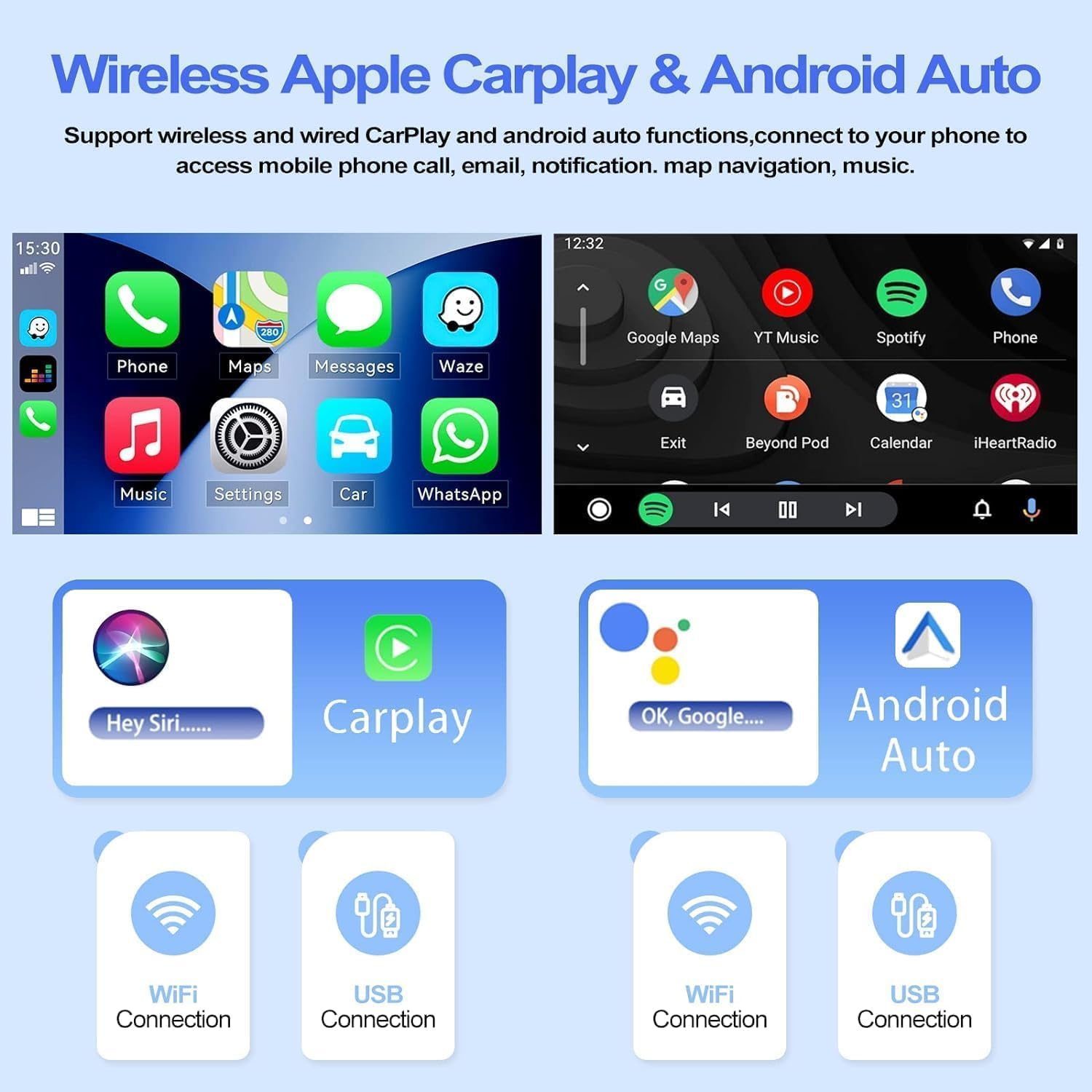 Il display mostra interfacce Apple Carplay e Android Auto con opzioni WiFi e USB.
