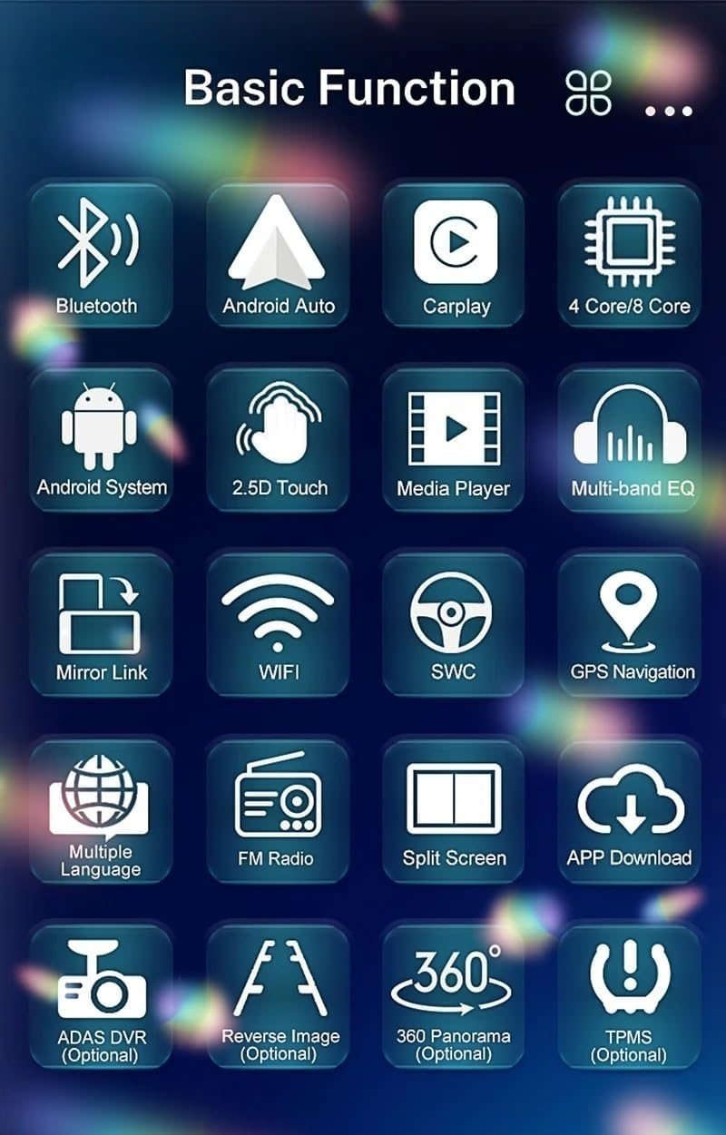Uno schermo mostra icone e etichette per funzioni base dell'autoradio come Bluetooth, GPS e Wi-Fi.