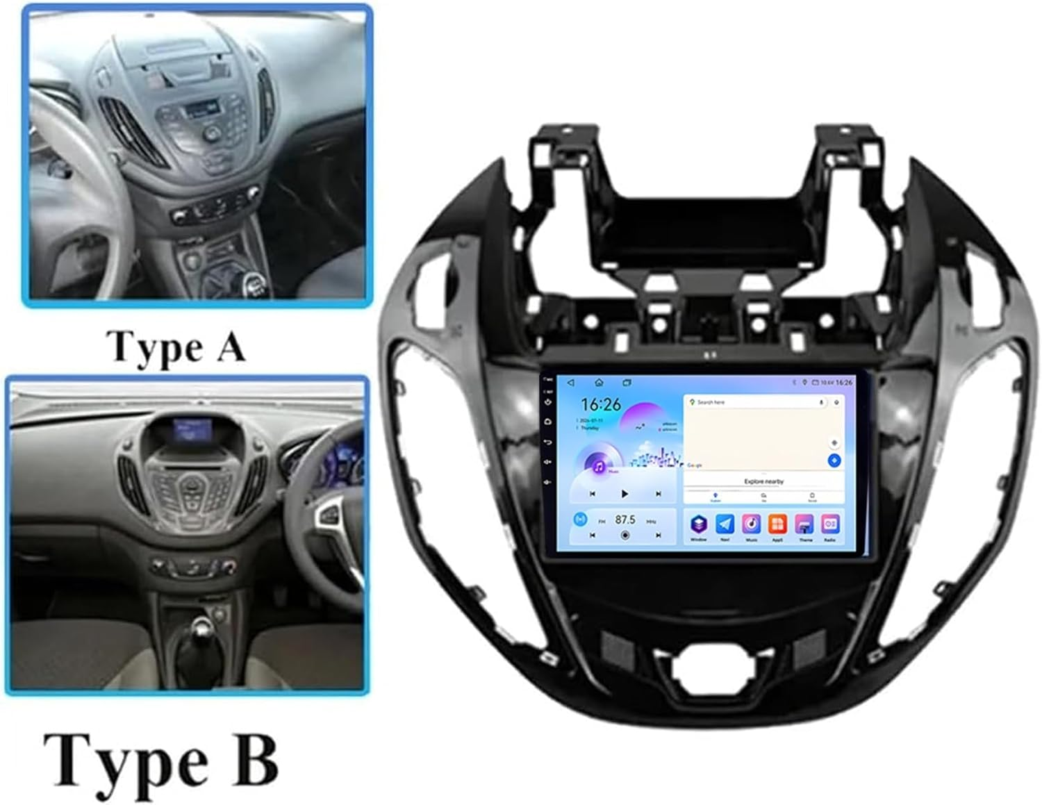 Un kit cruscotto per autoradio nero con touchscreen, accanto a due immagini di interni auto etichettate Tipo A e B.