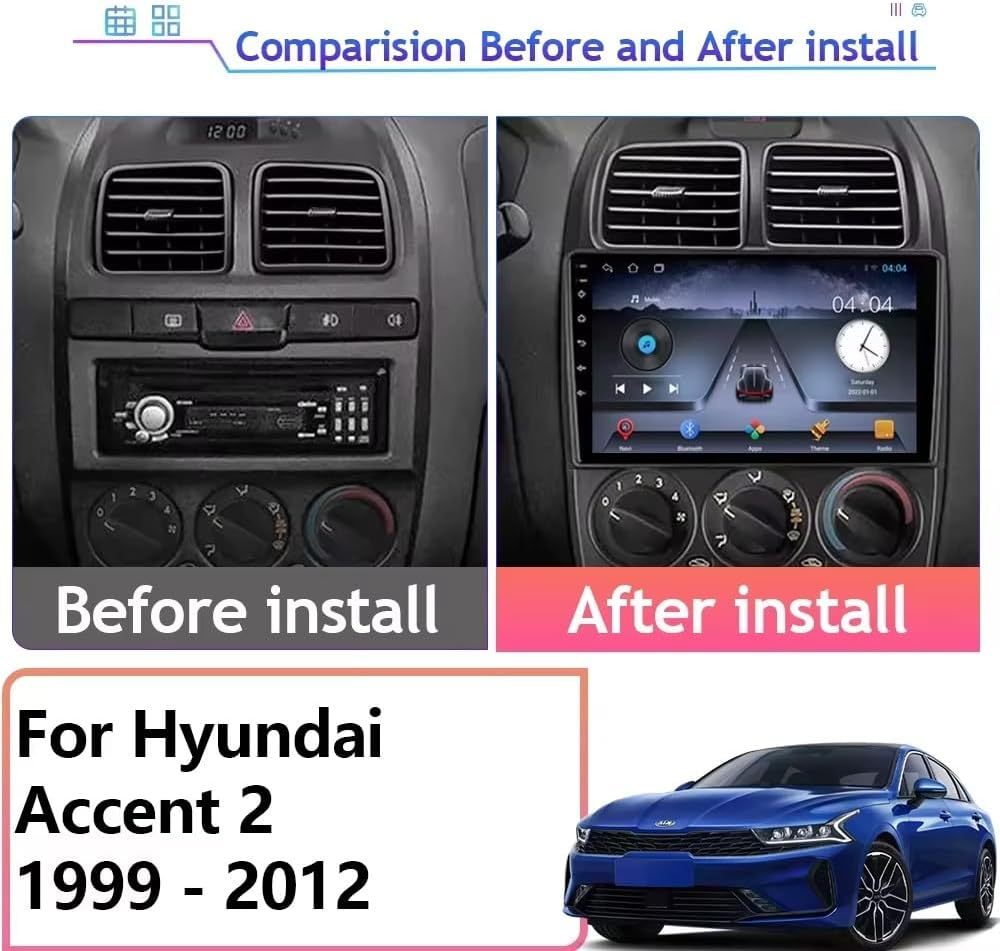 Confronto prima e dopo l'installazione di un display multimediale in una Hyundai Accent 2 (1999-2012).