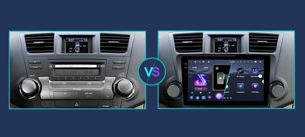 Confronto tra una radio per auto tradizionale e un moderno sistema di infotainment touch screen.