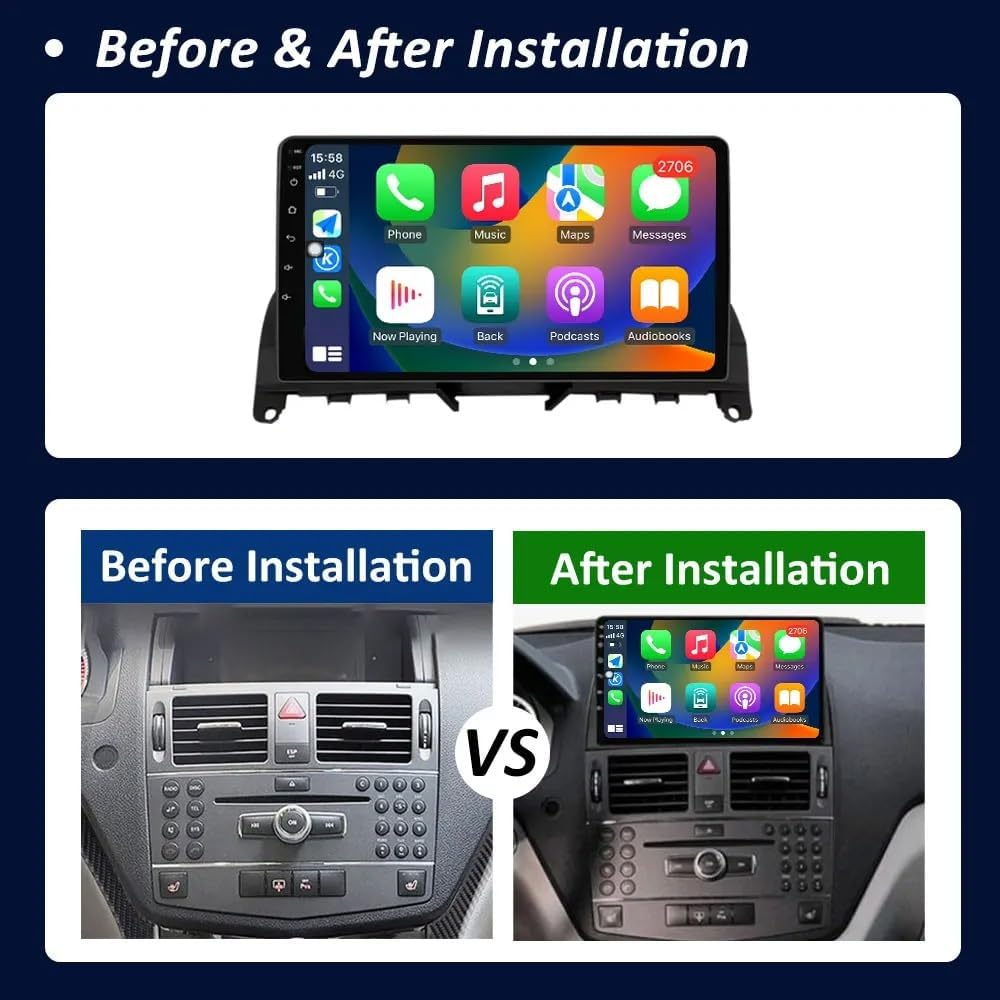 Confronto prima e dopo l'installazione di una moderna autoradio touchscreen nel cruscotto.