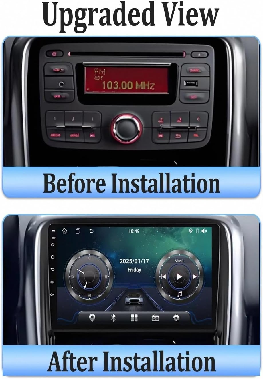 Interni auto con autoradio originale sopra e display touch moderno sotto.