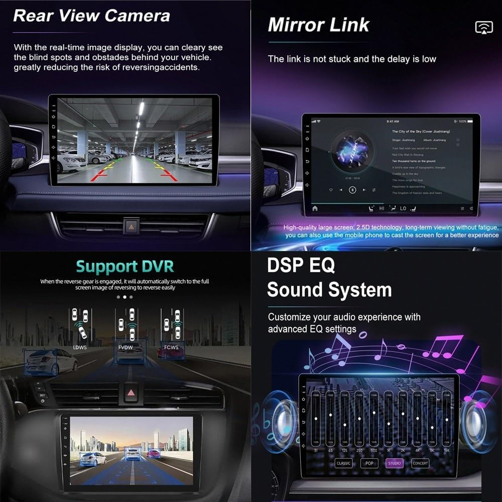 Schermo multimediale per auto con telecamera posteriore, mirror link, DVR e impostazioni audio DSP EQ.