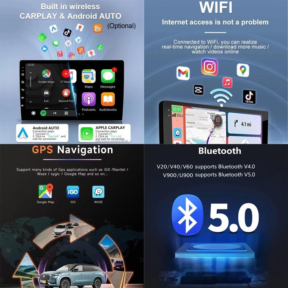 Un banner mostra funzioni multimediali per auto come CarPlay wireless, Wi-Fi, navigazione GPS e Bluetooth 5.0.