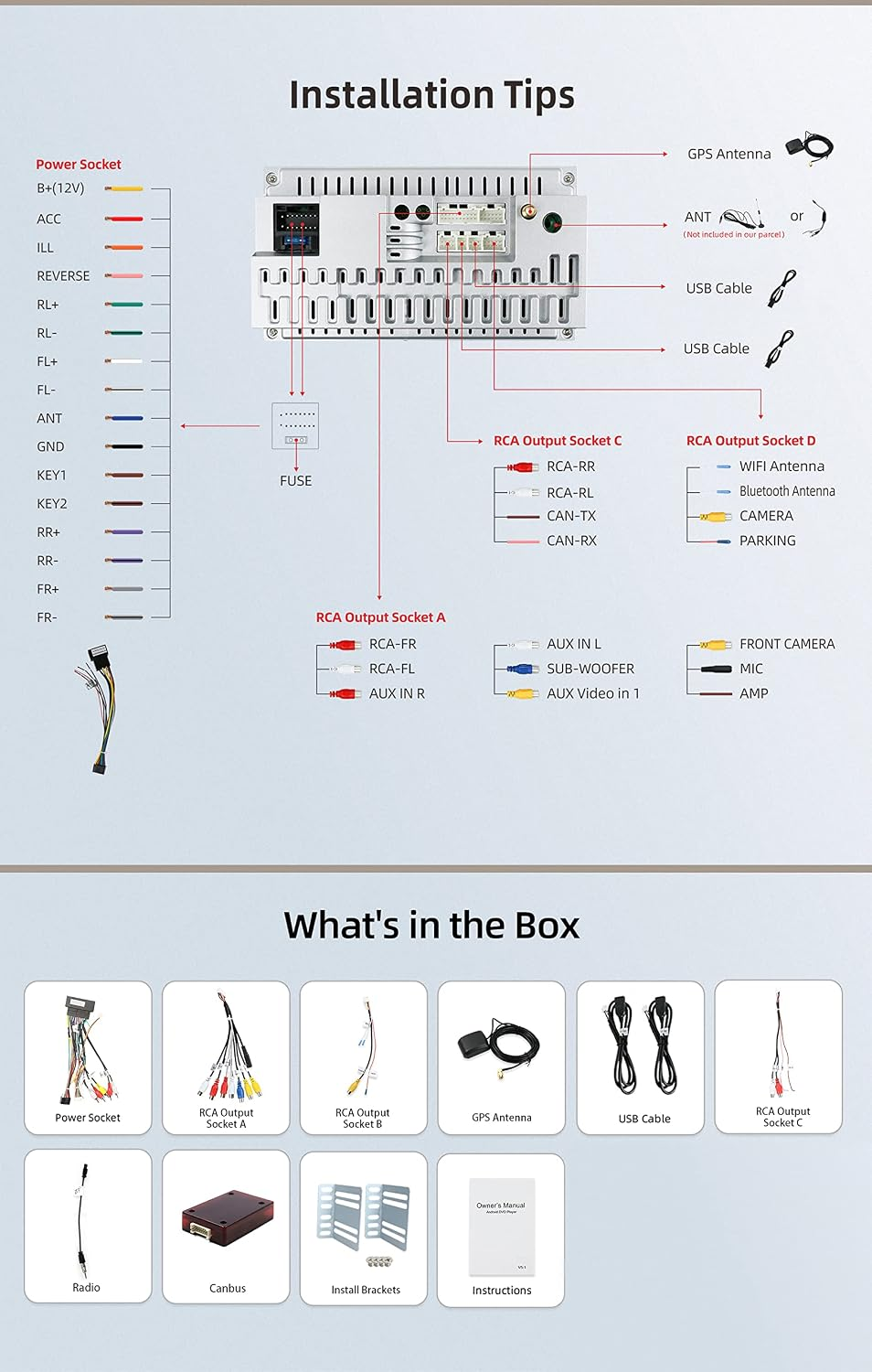 Diagramma di installazione autoradio e contenuto della scatola con cavi e antenne.