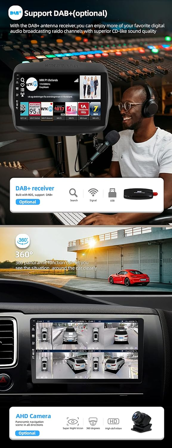 Uomo con cuffie usa radio DAB+ e telecamera posteriore AHD.
