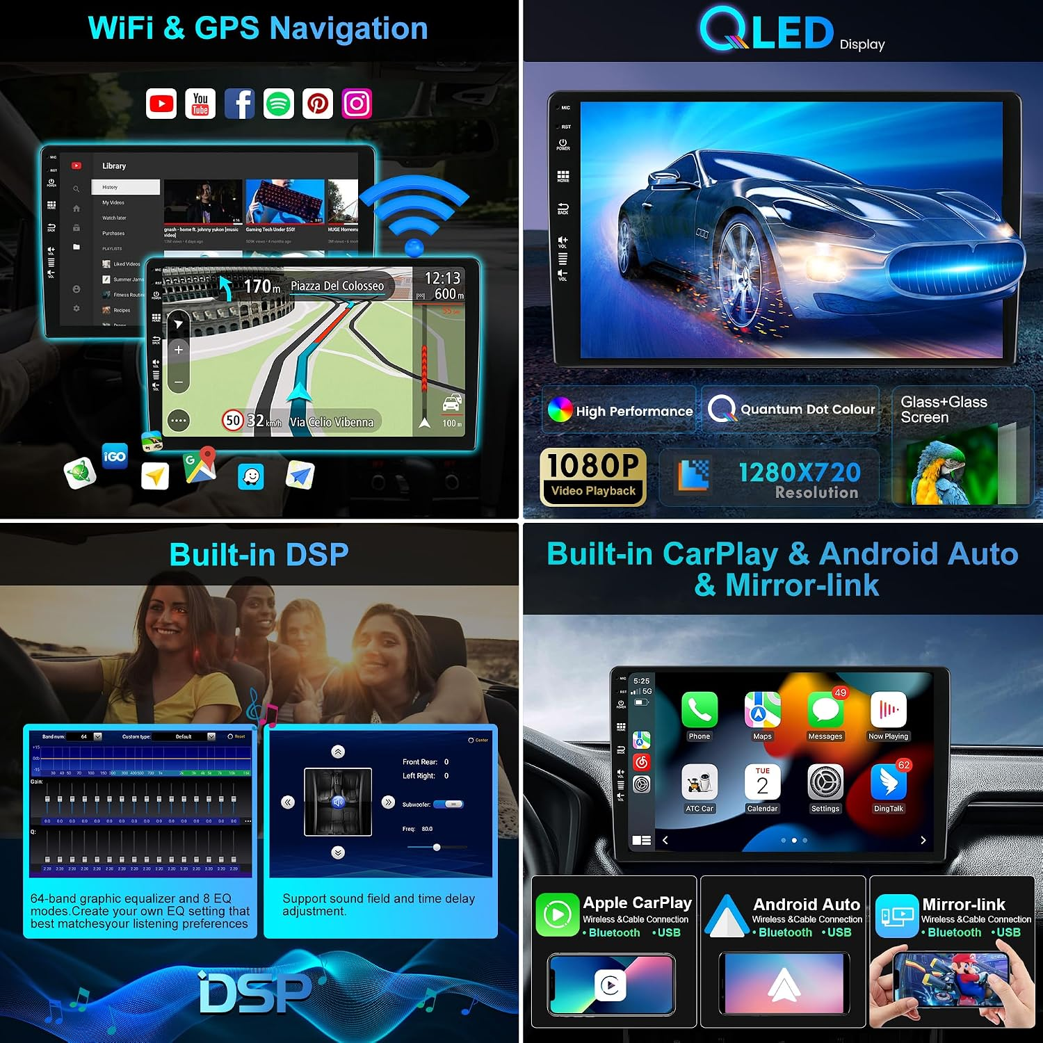 Sistema multimediale per auto con GPS, schermo QLED, equalizzatore DSP e supporto CarPlay e Android Auto.