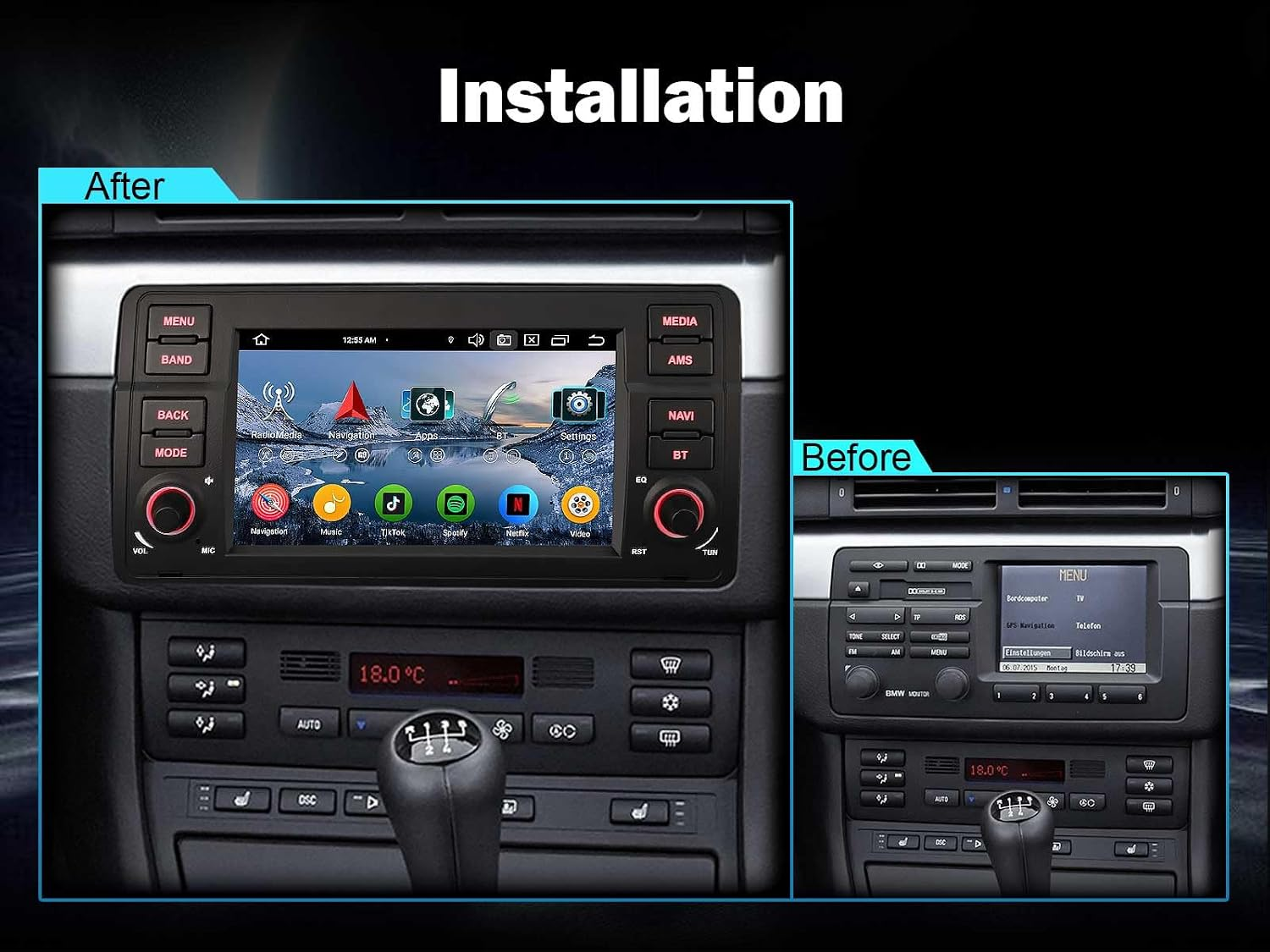 L'immagine di confronto mostra l'autoradio prima e dopo l'installazione di un nuovo schermo.