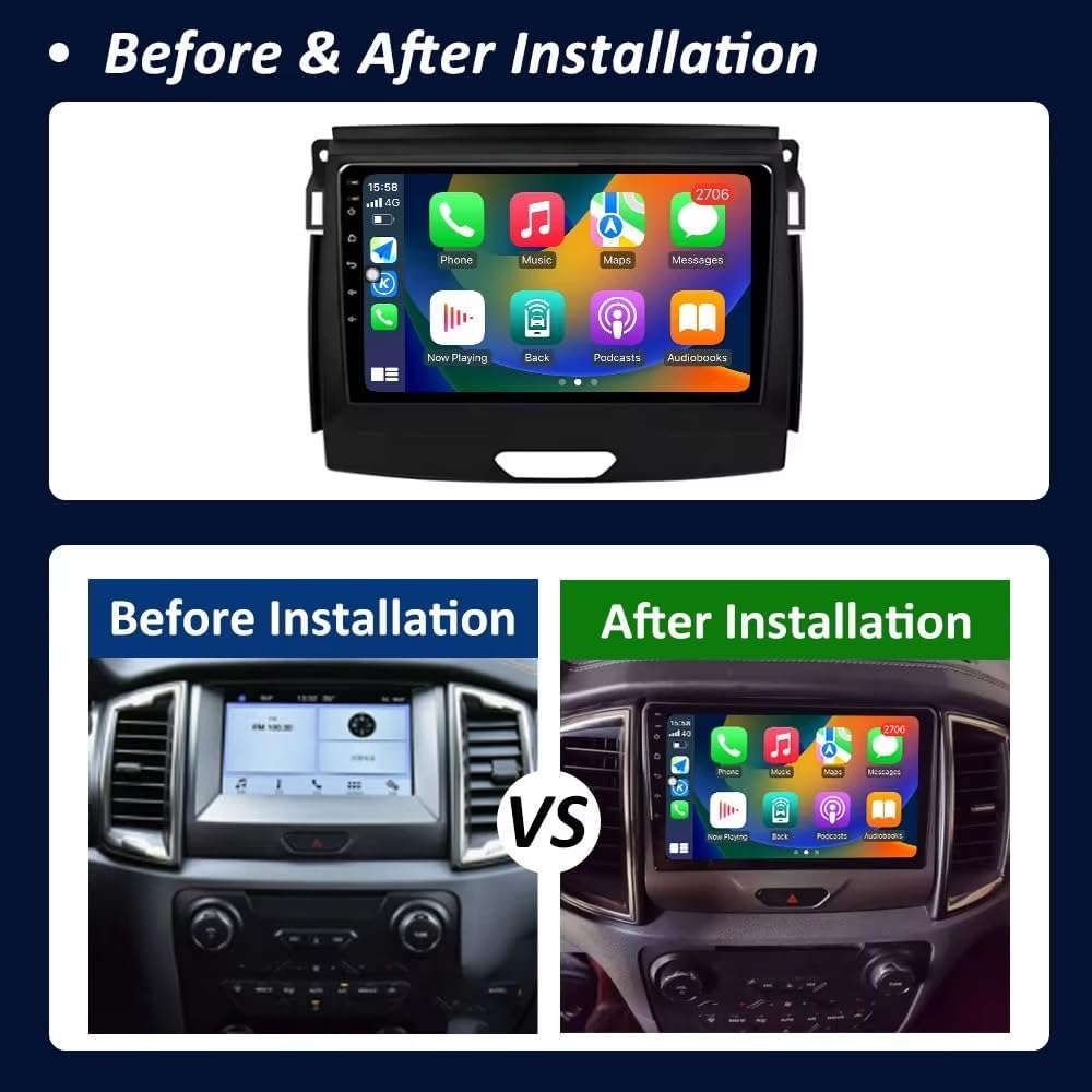 Confronto del cruscotto di un'auto prima e dopo l'installazione di un nuovo sistema di infotainment touch.