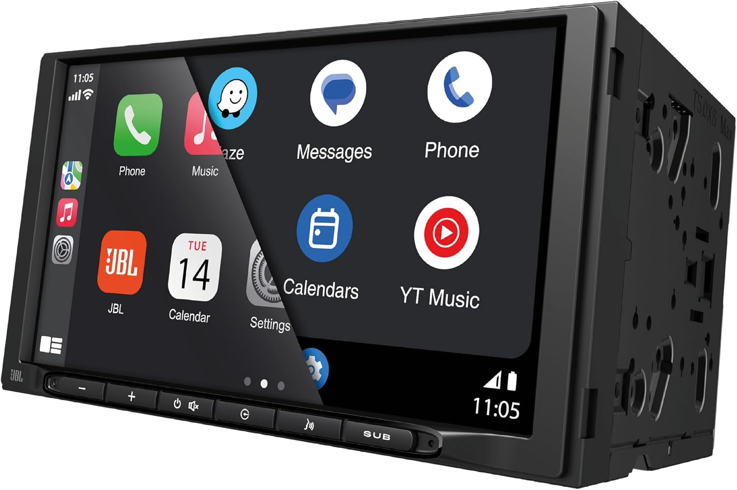 Uno stereo per auto JBL con touchscreen mostra le icone delle app.