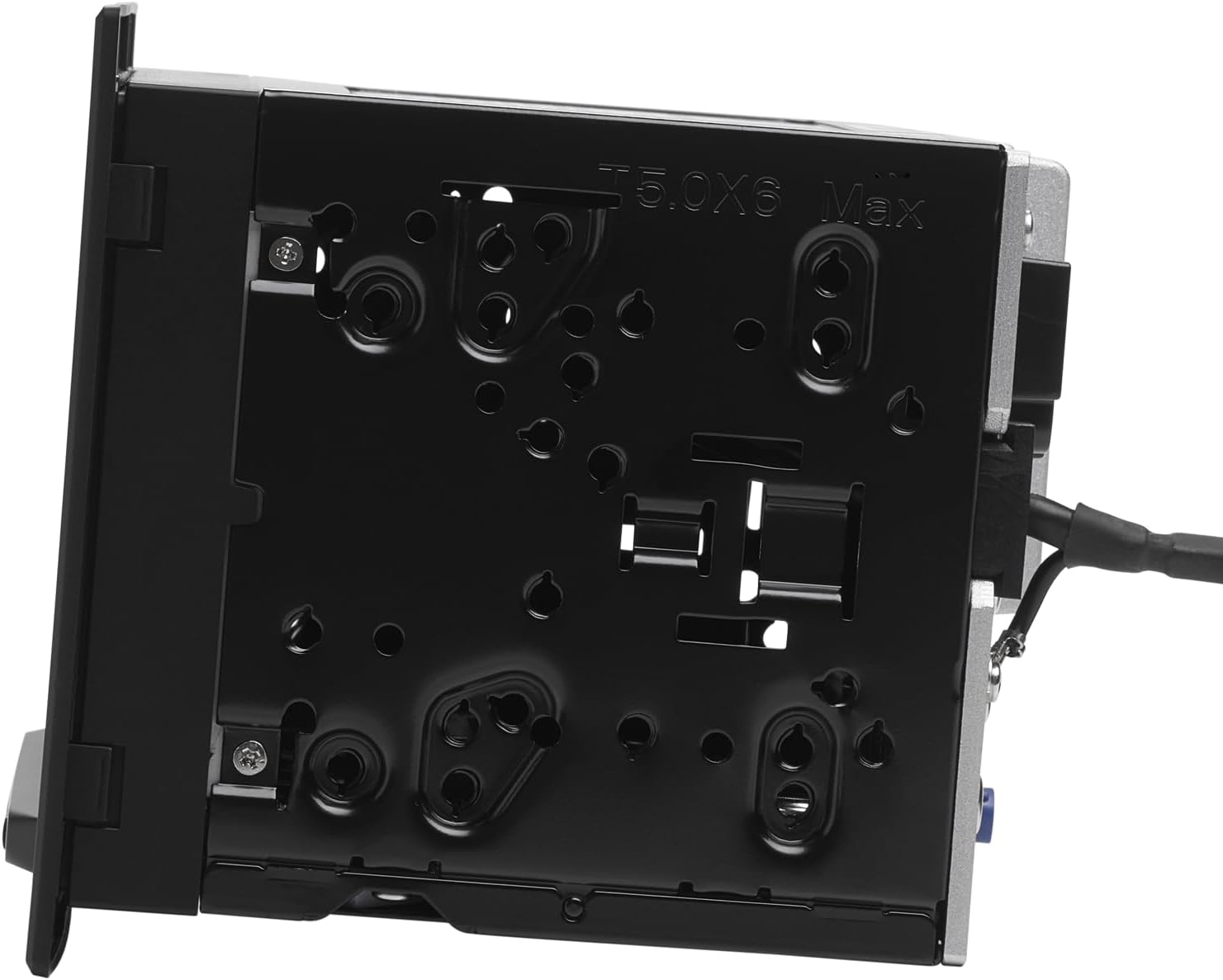 Vista laterale di un dispositivo elettronico con telaio in metallo nero e fori di montaggio.
