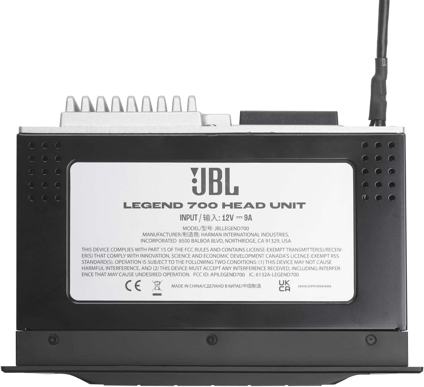 Retro di un'unità principale JBL Legend 700 con specifiche tecniche, certificazioni di conformità e cavo d'antenna.
