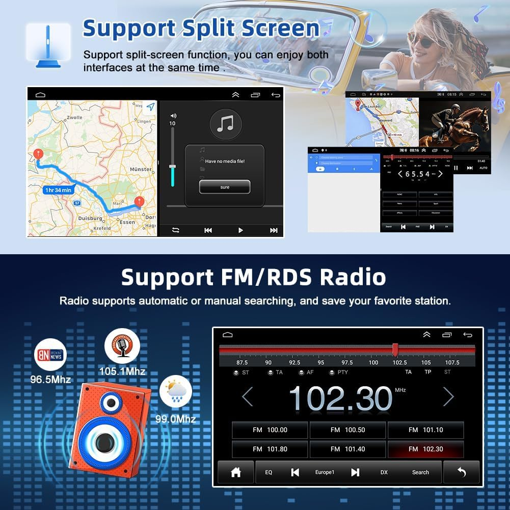 Display autoradio con schermo diviso per navigazione e musica, e modalità radio FM/RDS.