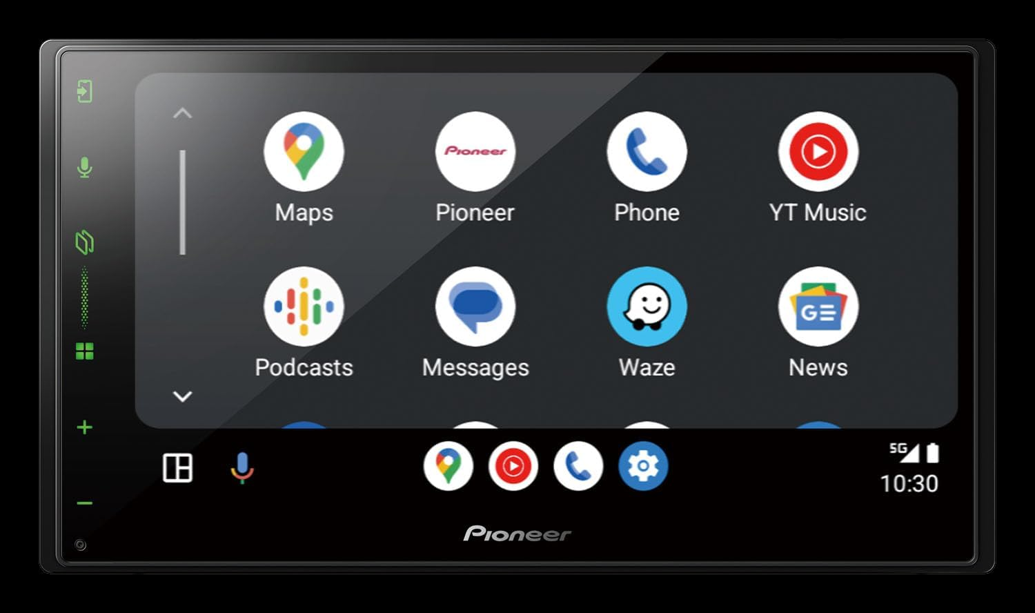 Display autoradio Pioneer con icone di app come Maps, Phone e YouTube Music.