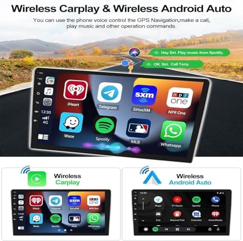 Schermo per auto che mostra Carplay wireless e Android Auto con app.
