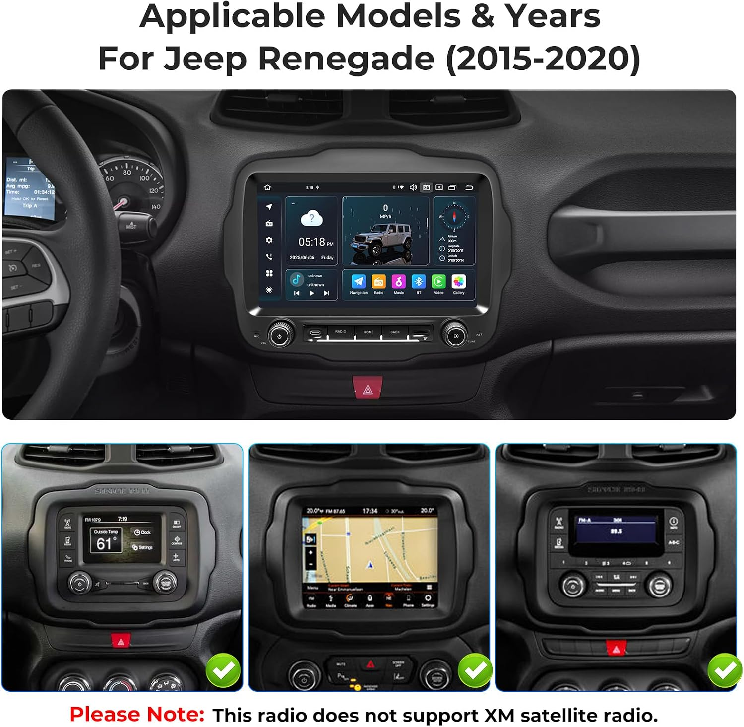 Cruscotto di una Jeep Renegade 2015-2020 con sistema di infotainment digitale e vari schermi della console.