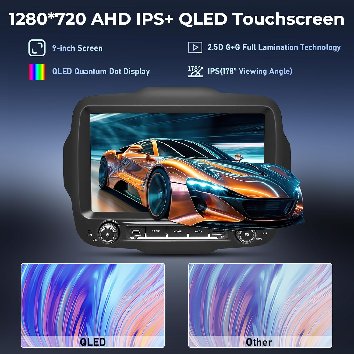 Touchscreen per auto da 9 pollici QLED che mostra un'auto sportiva.