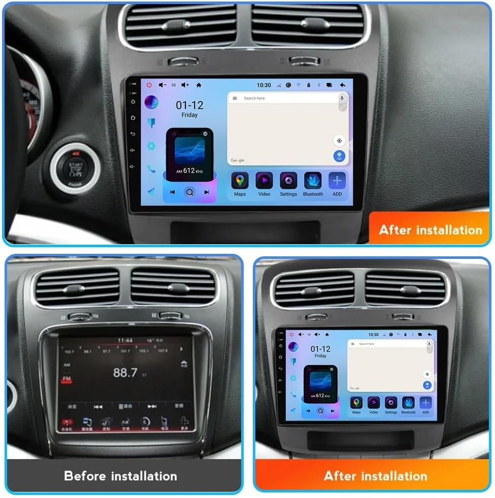 Confronto della console di un'auto prima e dopo l'installazione di un nuovo display touchscreen.
