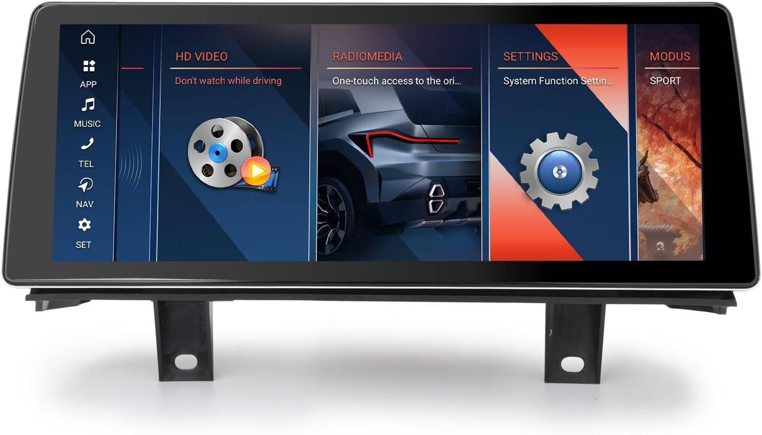 Un display per auto con menu per video HD, radio, impostazioni e modalità sport.