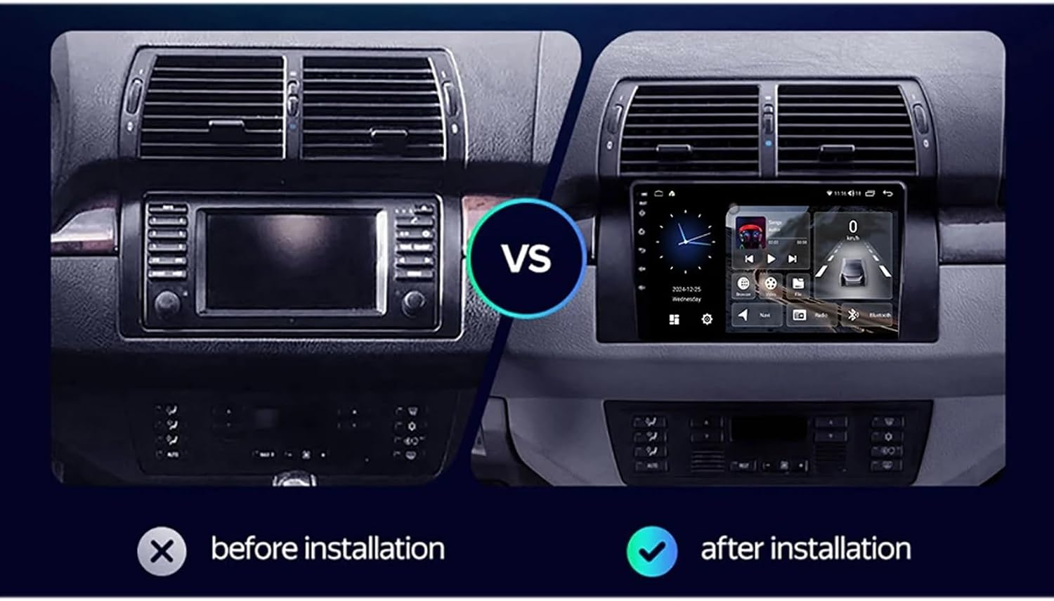 Confronto del cruscotto di un'auto prima e dopo l'installazione di un nuovo display touchscreen.