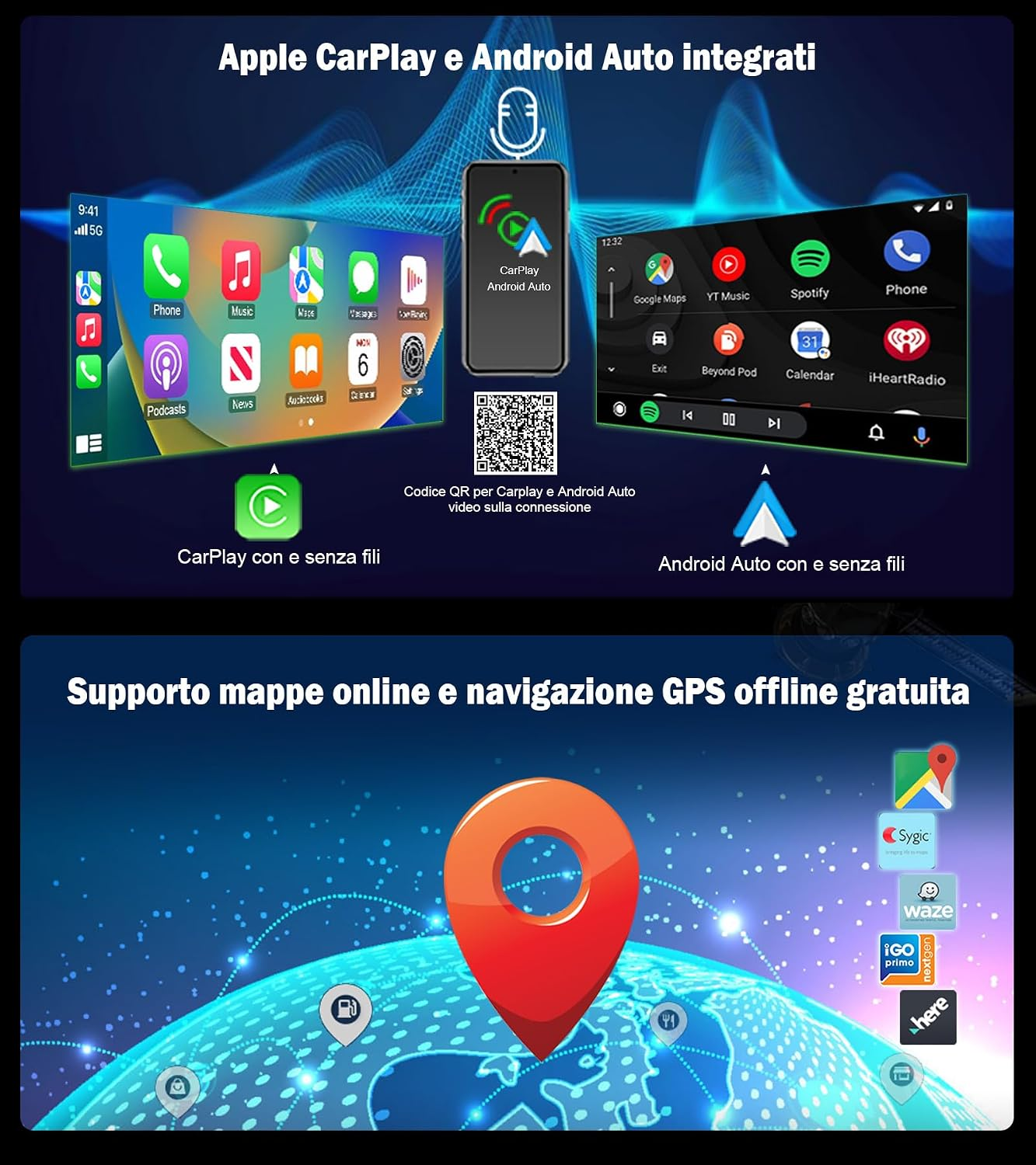 Display che mostra l'integrazione di Apple CarPlay e Android Auto con connettività wireless e GPS.