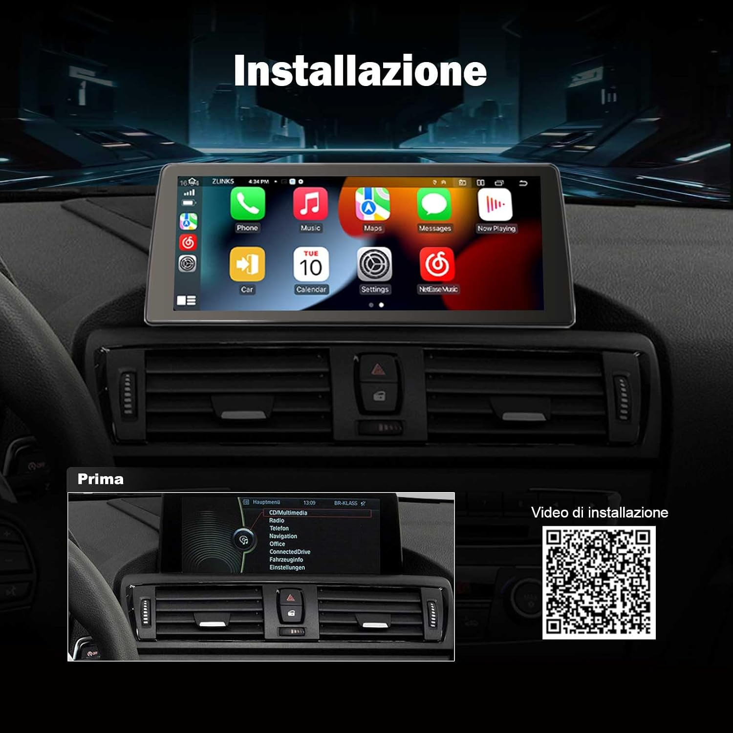 Interni auto con moderno display touchscreen, piccola immagine prima e codice QR.