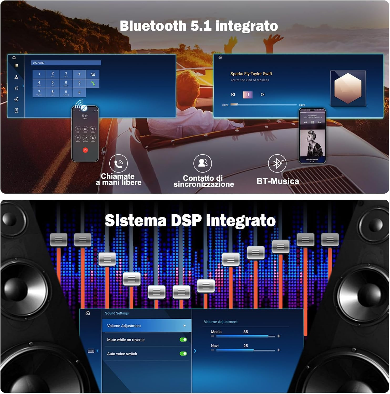 Funzioni Bluetooth 5.1 in auto e sistema DSP integrato tra due grandi altoparlanti.