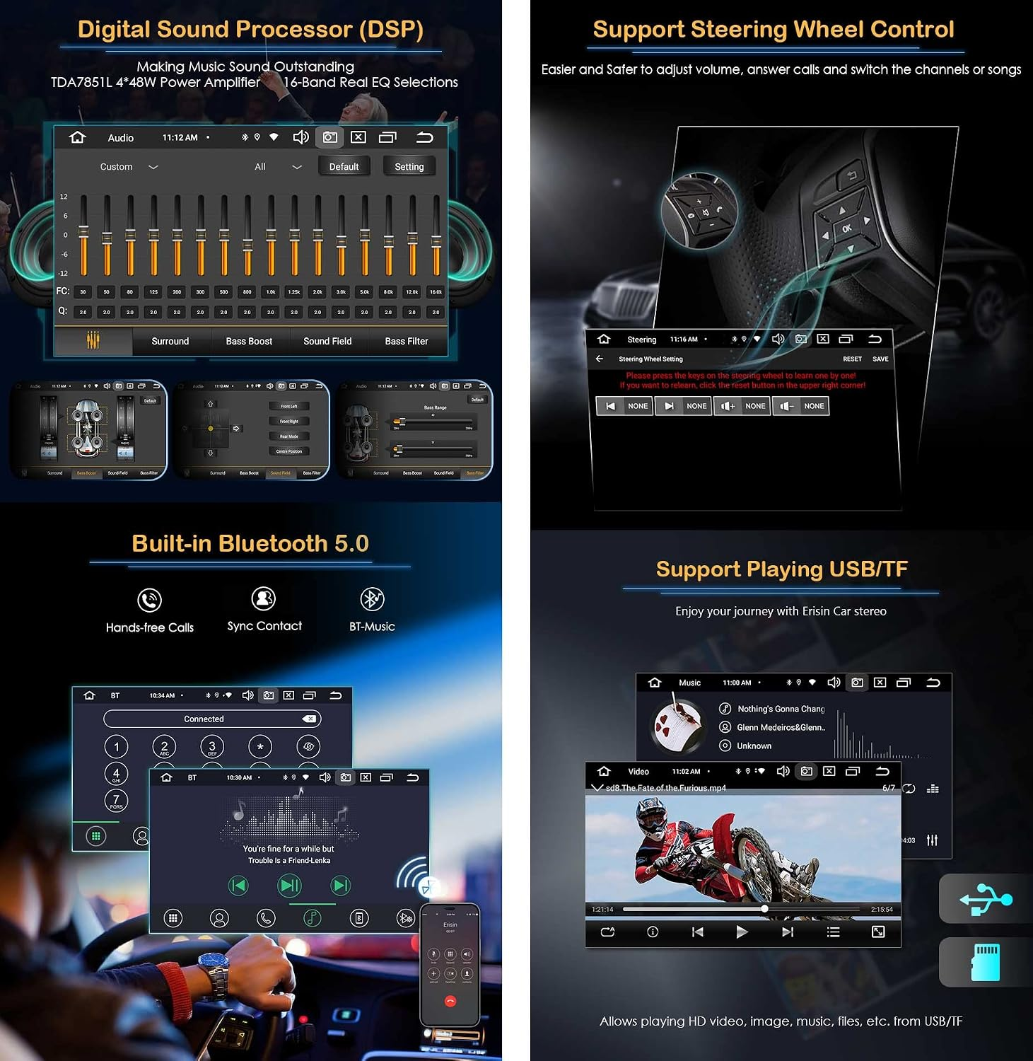 Un'interfaccia autoradio con DSP, controllo al volante, bluetooth e USB/TF.