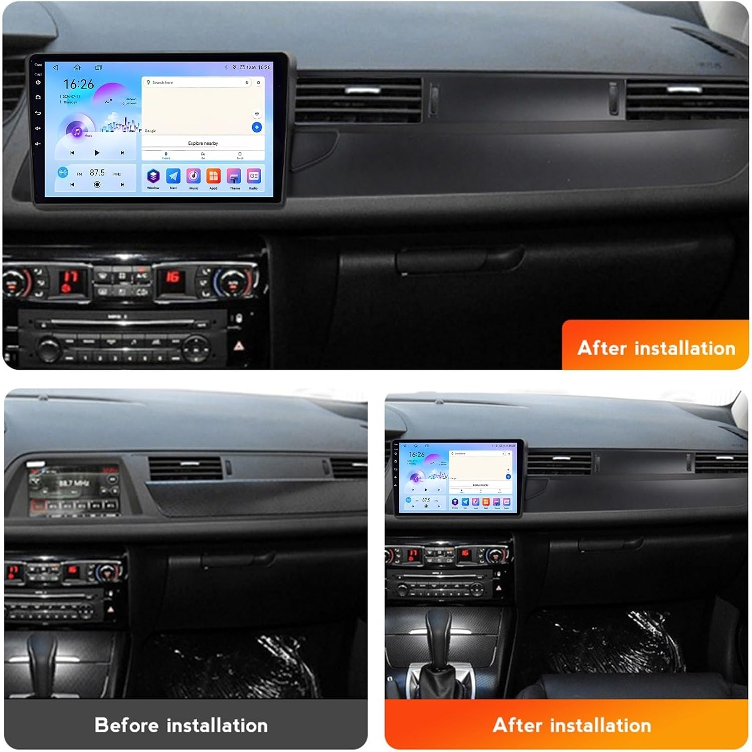 Cruscotto dell'auto prima e dopo l'installazione di un grande sistema di infotainment.