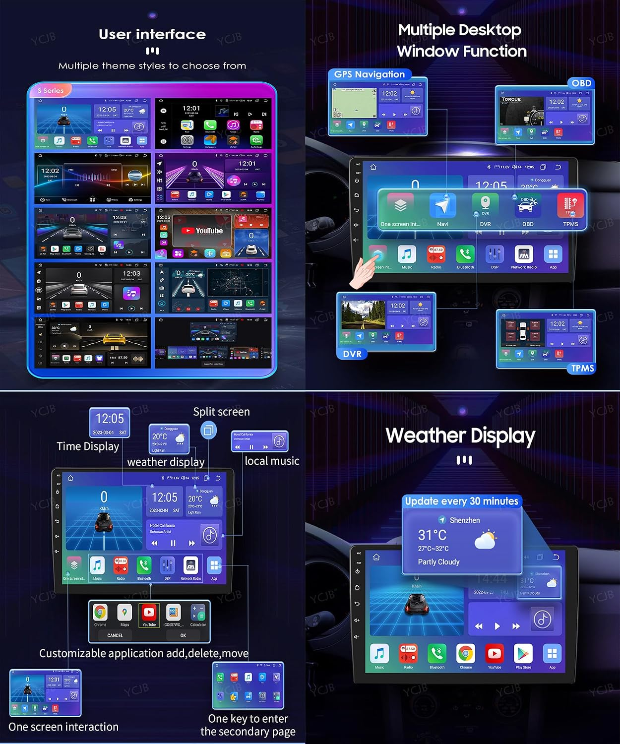 Display multimediale per auto con interfaccia, meteo, GPS e schermo diviso.