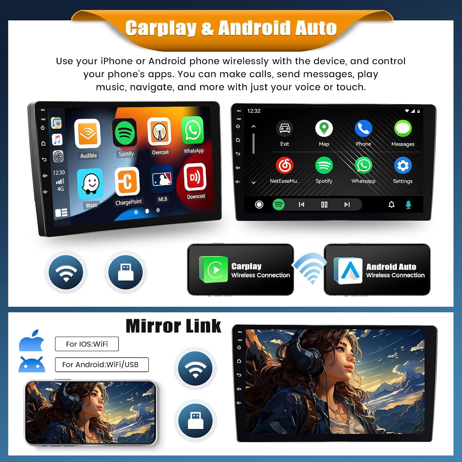Display multimediale per auto con supporto Carplay e Android Auto, icone Wi-Fi e funzione mirror.