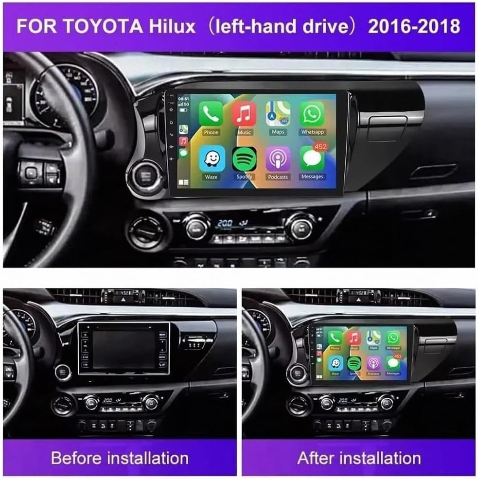 Cruscotto Toyota Hilux prima e dopo l'installazione di un ampio touchscreen multimediale.