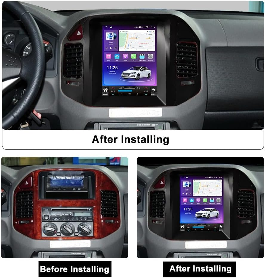 Cruscotto dell'auto prima e dopo l'installazione di un moderno sistema di infotainment con touchscreen grande.