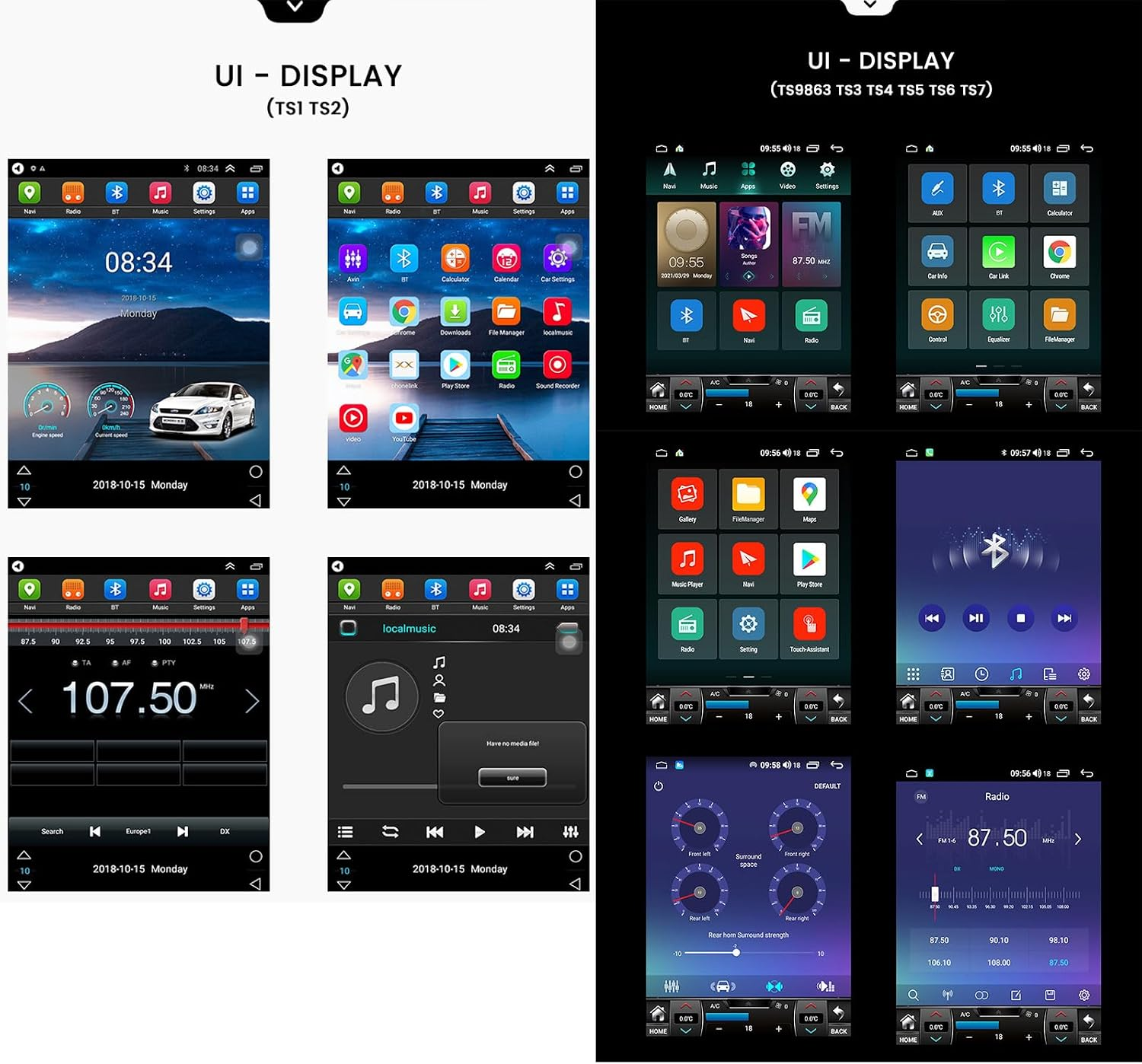 Varie interfacce utente per display auto con app, controlli radio, navigazione e barra di controllo clima.