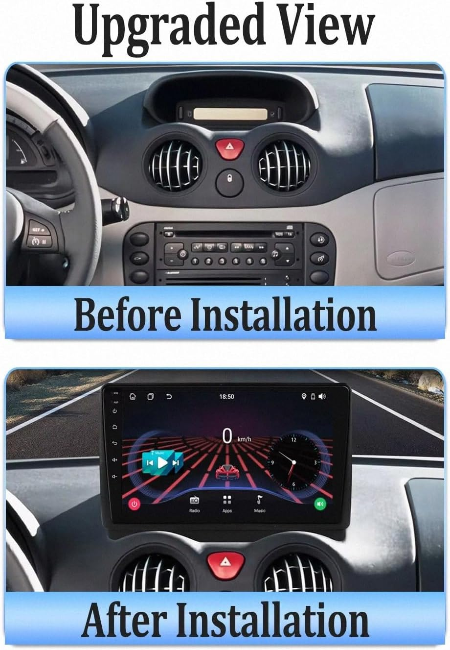 Confronto del cruscotto di un'auto prima e dopo l'installazione di un sistema multimediale touch screen.