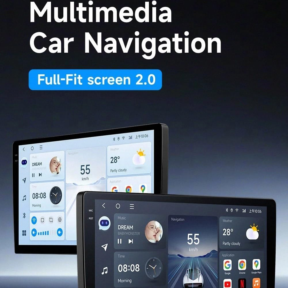 Due schermi di navigazione per auto mostrano app multimediali, meteo e musica.