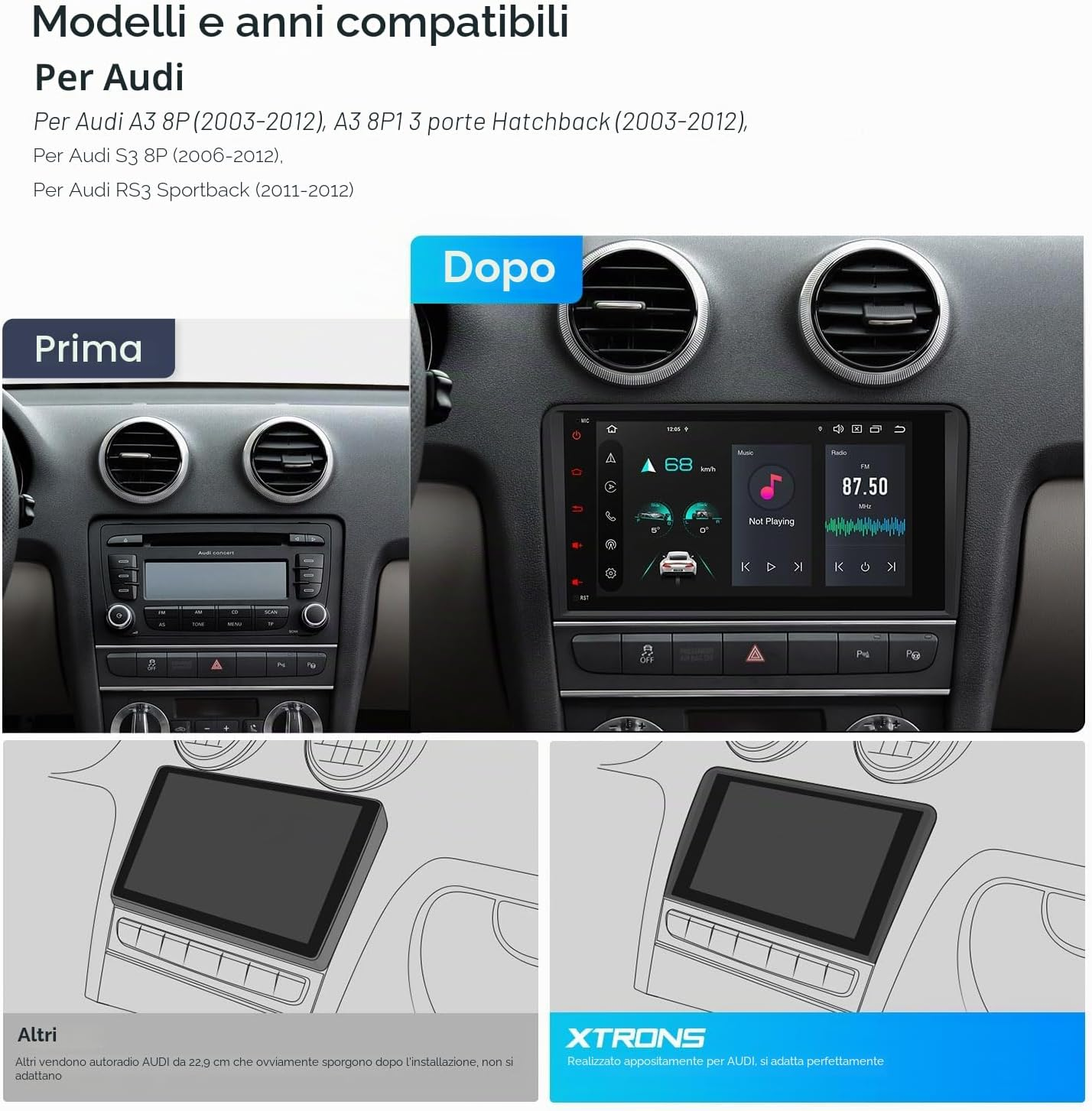 Confronto cruscotto Audi prima e dopo l'installazione di un nuovo stereo touchscreen Xtrons.
